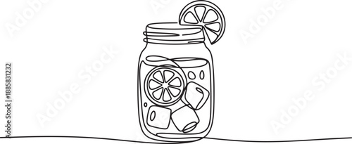 One single line drawing of fresh lemonade ice on jar glass with sliced lemon vector illustration graphic. Cafe menu and restaurant badge concept. one line Icon drawing