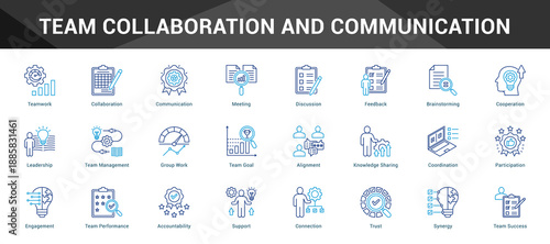 Team Collaboration And Communication Cohesive set of minimalist vector icons representing key ideas with visual clarity