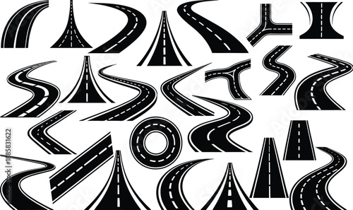 Collection of various road silhouettes isolated on transparent background