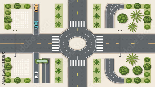 Modern city intersection with roundabout and cars driving
