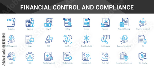 Financial Control And Compliance Cohesive set of minimalist vector icons representing key ideas with visual clarity