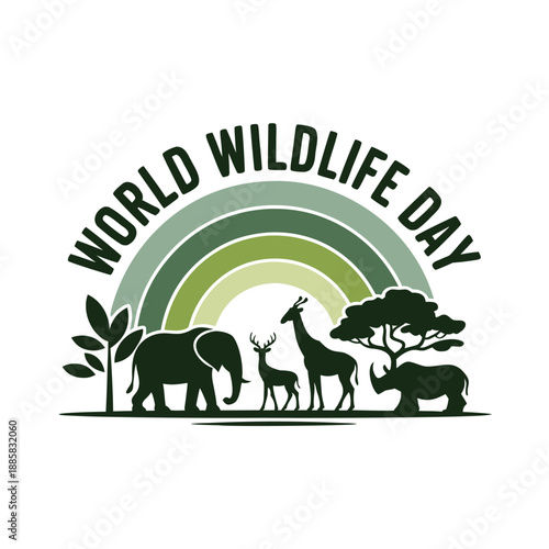World wildlife day design with savanna animals silhouettes under green rainbow arch