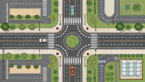 Aerial view of a modern roundabout with cars and greenery