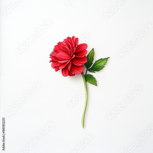 Vibrant Red Flower with Green Leaves on White Background