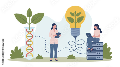 A flat design illustration of a scientific research scene with a DNA helix growing into a green plant with leaves in a laboratory test tube on the left side (1)_traced