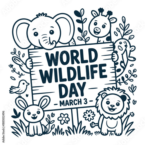 World wildlife day cute animal characters and wooden sign illustration