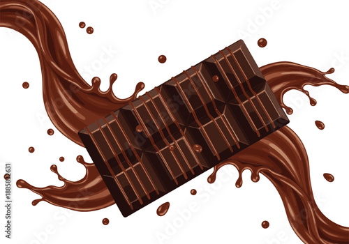 Chocolate bar splash vector illustration with flowing cocoa liquid sweet dessert dynamic confectionery design