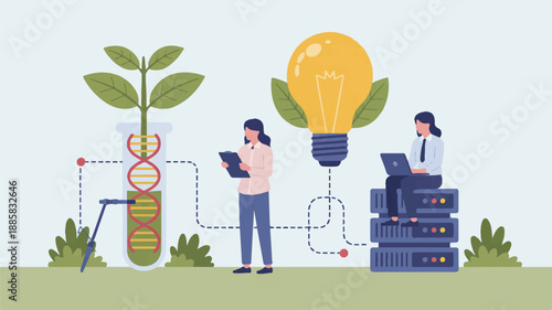 A flat design illustration of a scientific research scene with a DNA helix growing into a green plant with leaves in a laboratory test tube on the left side (3)_traced