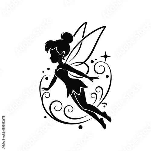 Whimsical silhouette of a flying fairy with sparkling wings and ornate swirling designs