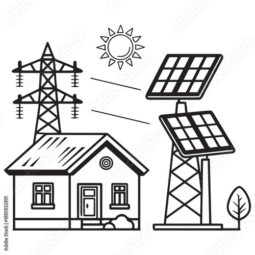 Solar Energy Icons – Eco House, Solar Panels, Sun Power and Renewable Electricity Illustration .