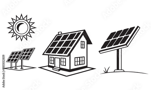 Solar Energy Icons – Eco House, Solar Panels, Sun Power and Renewable Electricity Illustration .