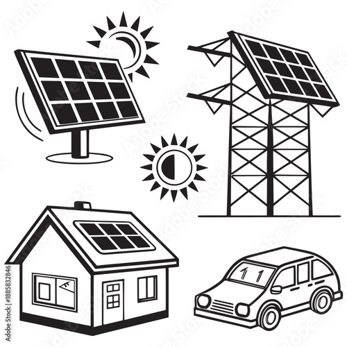 Solar Energy Icons – Eco House, Solar Panels, Sun Power and Renewable Electricity Illustration .