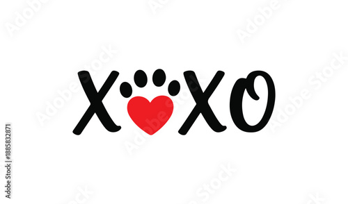 Cute "XOXO" text with dog paw print replacing the letter O and heart for love