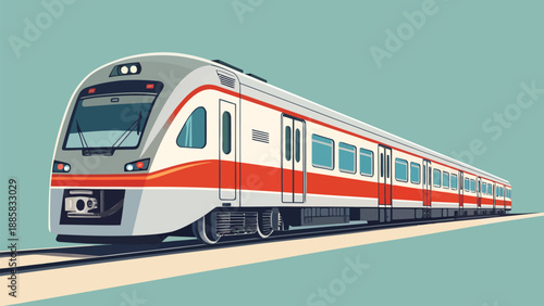 Modern train traveling on tracks with vibrant red and white design