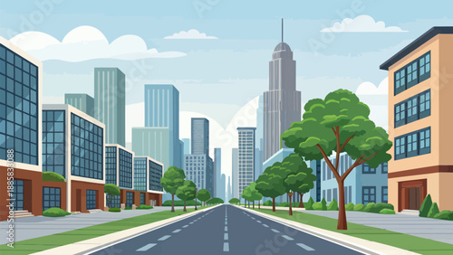 Modern cityscape with empty road and skyscrapers