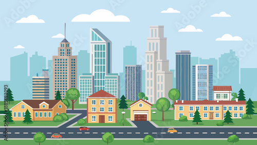 Vibrant cityscape with modern skyscrapers and residential buildings