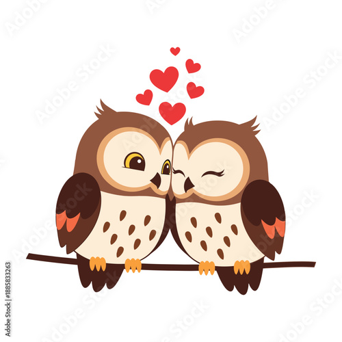 Romantic Cartoon Owls with Hearts on Branch