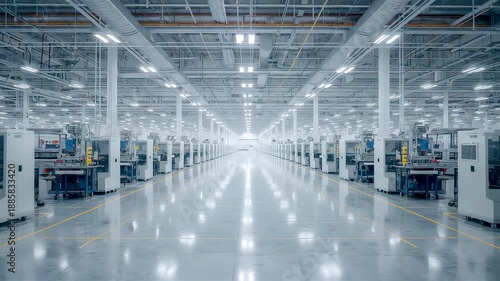 Bright automated manufacturing facility with rows of machines and reflective floor showing large scale production efficiency and industrial precision