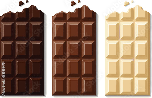 Chocolate bar vector set with dark milk and white cocoa sweets realistic confectionery illustrations