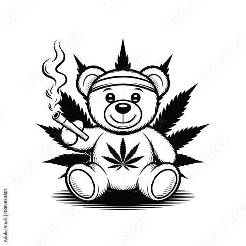 Cute teddy bear holding marijuana joint with cannabis leaves graphic art