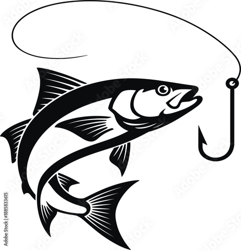 Black and white salmon fish jumping near fishing hook, nautical animal illustration for sport design