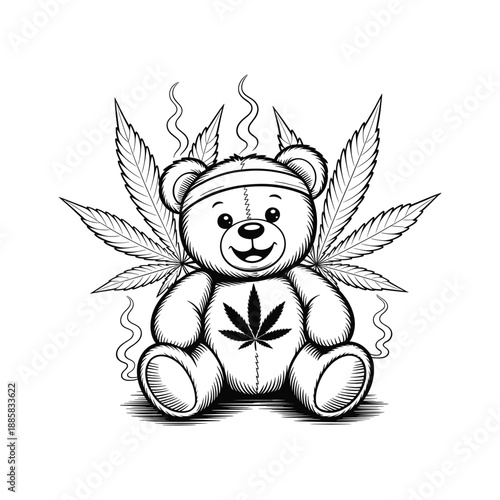 Whimsical teddy bear with cannabis leaves and smoke emerging whimsical character art