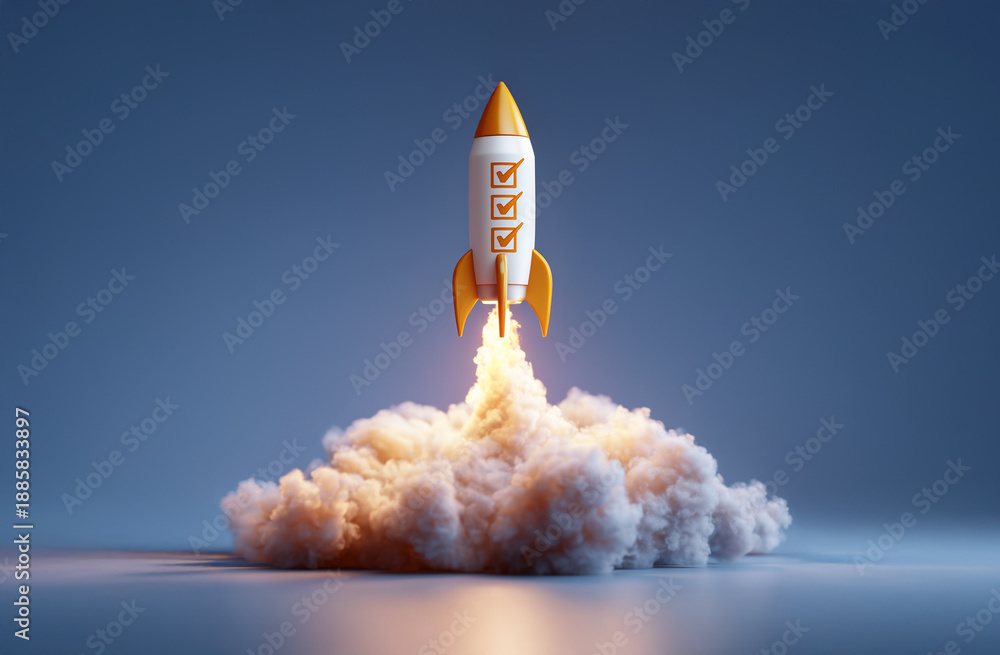 Naklejka premium Startende Rakete mit abgehakten Checkboxen symbolisiert die effiziente Erledigung von Aufgaben in Unternehmen