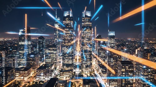 Wallpaper Mural Abstract cityscape aerial view with futuristic data stream overlay at night Torontodigital.ca