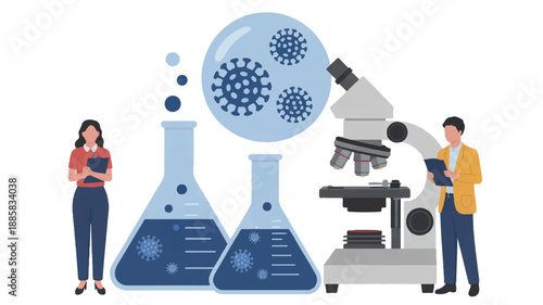 A flat, minimalist illustration of a scientific laboratory scene with two researchers and a microscope (3)_traced