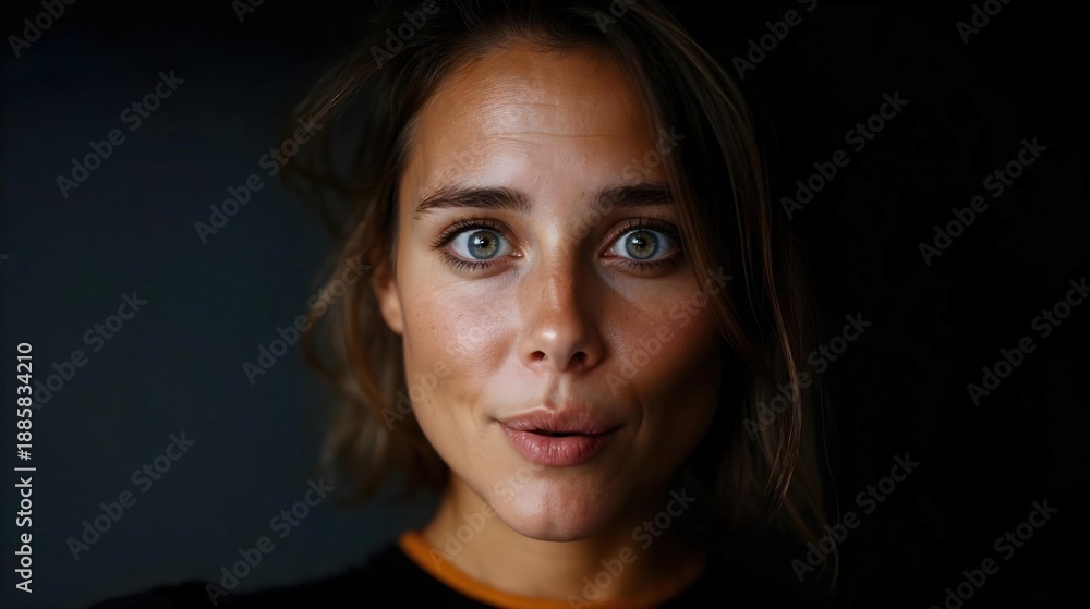 Fototapeta premium Portrait expressif d'une jeune femme aux yeux clairs sur fond sombre
