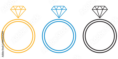 Wedding ring icon. Jewelry logo. Engagement diamond ring icon. Proposal symbol. Brilliant gold jewellery vector illustration isolated.
