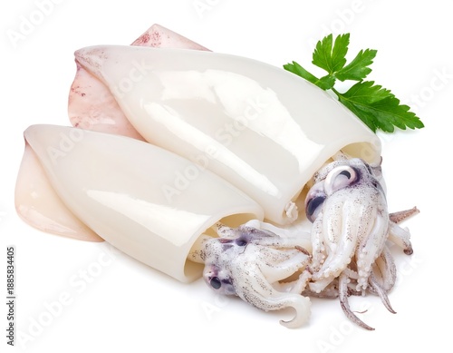 Fresh squid with parsley on white.