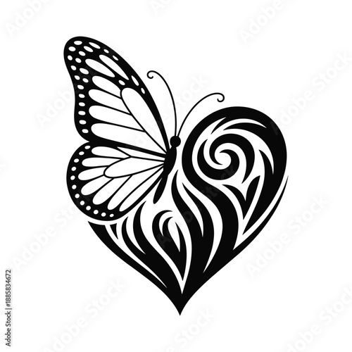 Elegant black and white tribal heart with a detailed butterfly wing design for symbolic beauty