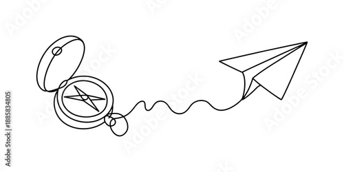 Paper airplane taking flight guided by a compass, symbolizing adventure and exploration Vector, illustration