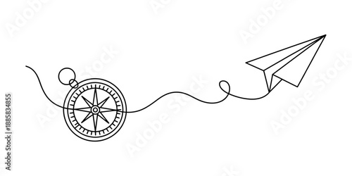 Paper airplane with a compass, symbolizing travel and direction Vector, illustration