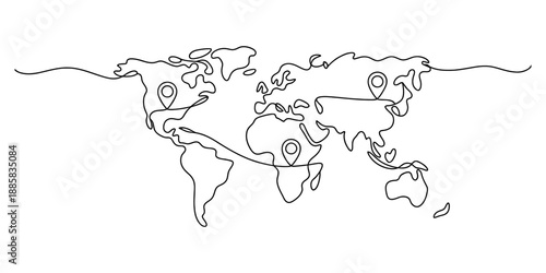 World map with location pins drawn in single line art style Vector, illustration