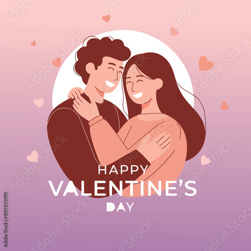 Happy valentine's day couple embracing each other with hearts in the background