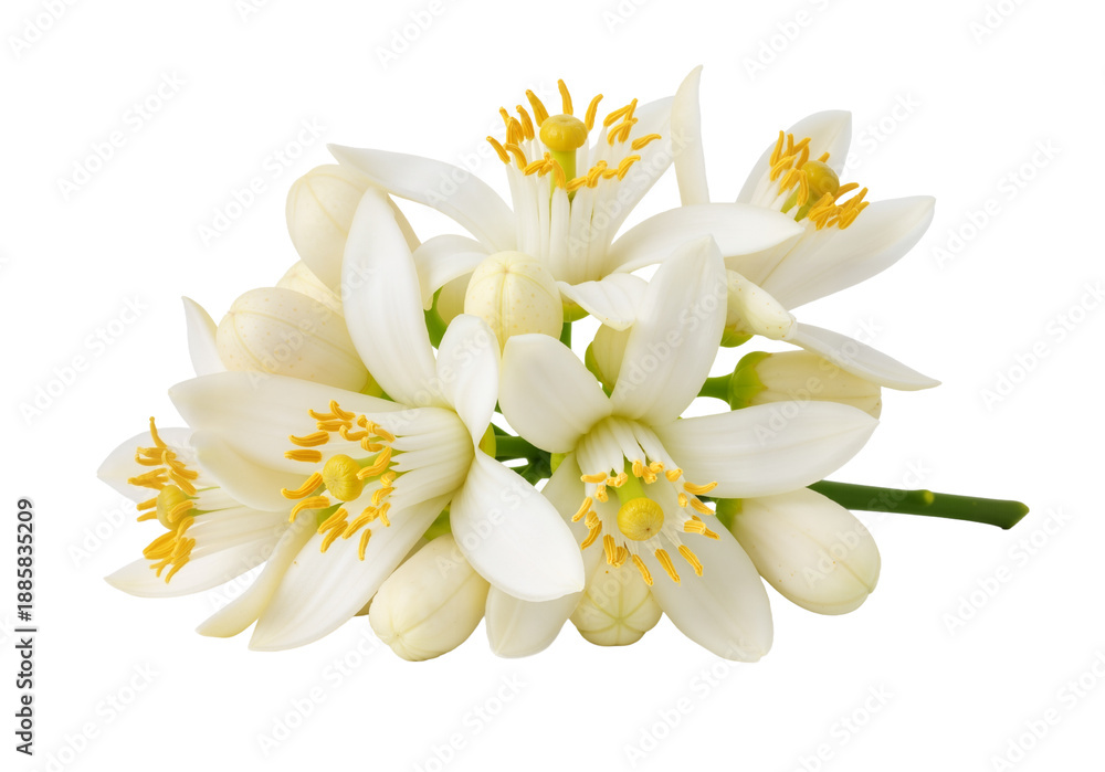 Fototapeta premium Citrus Whisper: A Cluster of White Blossoms Blooms in Fragrant, Floating Purity