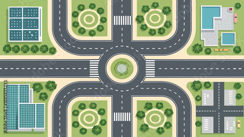 Modern city infrastructure with roads and green spaces