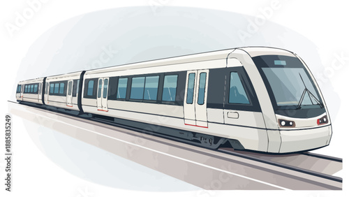 Modern white train traveling on tracks in urban transit system