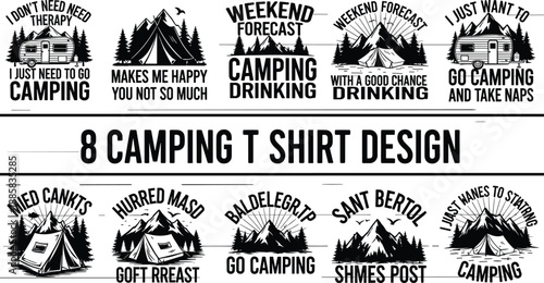 Camping t shirt design vector bundle with funny quotes tents mountains and forest illustrations, vintage outdoor adventure typography graphics set for apparel printing