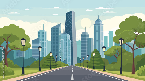 Modern cityscape with empty road and skyscrapers