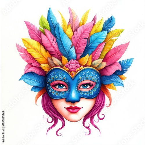 Colorful Carnival Mask with Vibrant Feathers and Intricate Details