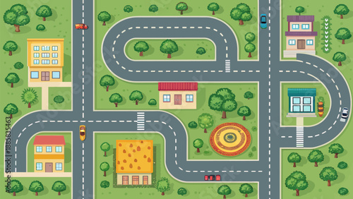 Vibrant cityscape with winding roads and buildings