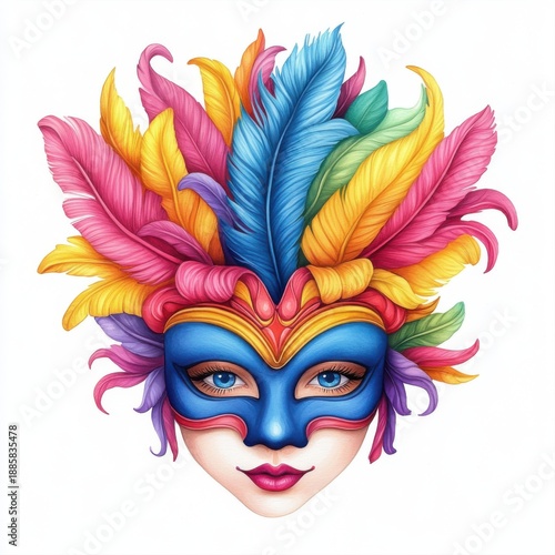 Colorful Carnival Mask with Feathers and Vibrant Hair Design