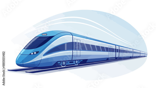 Modern blue bullet train speeding on tracks with motion blur