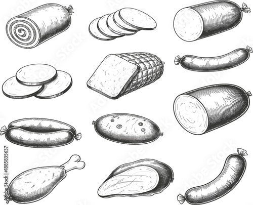 Set of vintage hand drawn sausage sketches with salami, ham, wurst and smoked meat for menu