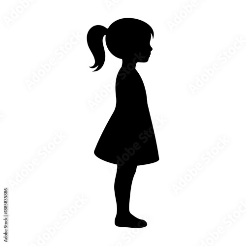 Minimalist black silhouette of a little girl with ponytail standing in profile view