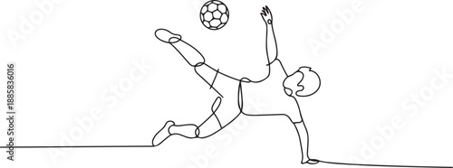 Single continuous line drawing of young talented football player shooting the ball with bicycle kick technique. Soccer match sports concept. one line Icon drawing