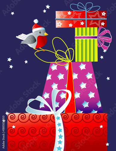 Oiseau sur un paquet cadeau à Noël dans la nuit